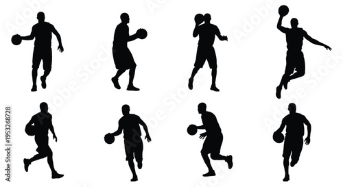 Eight basketball players in action depicted as a striking silhouette