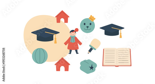 A charming vector graphic showcasing various educational icons like mortarboards and books, plus a friendly character and whimsical shapes on white.