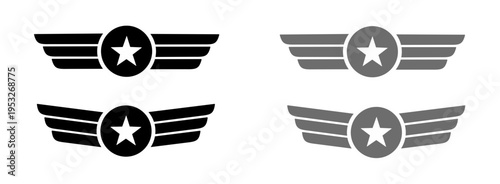 Aviation wing icons featuring a star emblem in circular frame with horizontal flight feathers in flat style