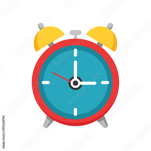 Retro alarm clock face with red frame and yellow bells, illustration of a vintage timepiece with blue dial and black hands marking the hour, perfect for concept of time management or waking up