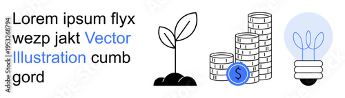 Business growth, eco-friendly ideas, investment strategies, innovation, economy, financial sustainability. Plant growing, stacked coins with currency icon and light bulb sprouting leaves. Business