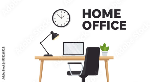 Modern home office workspace with desk laptop and wall clock

