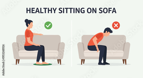Healthy and unhealthy sitting posture on sofa comparison
