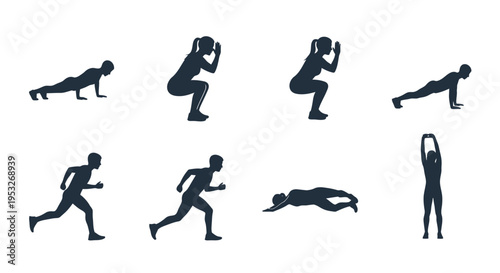 Fitness silhouettes set with people doing various exercises
