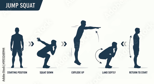 Jump squat exercise guide with male silhouette step by step
