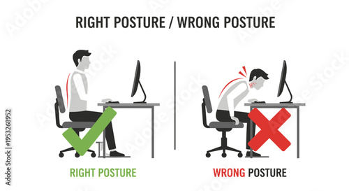 Correct vs incorrect sitting posture at computer desk
