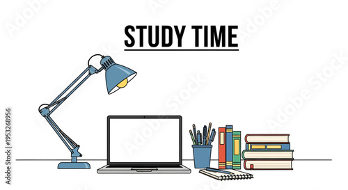 Study time workspace with laptop books and desk lamp
