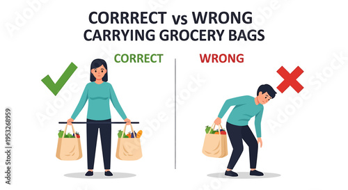 Proper versus incorrect ways to carry grocery bags illustration
