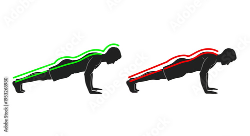 Correct and incorrect pushup form silhouette for workout guide
