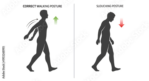 Male silhouette showing correct and incorrect walking posture
