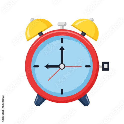 Retro red alarm clock with yellow bells and black hands, symbolizing time, punctuality, and waking up on time, perfect for design themes related to mornings and schedules