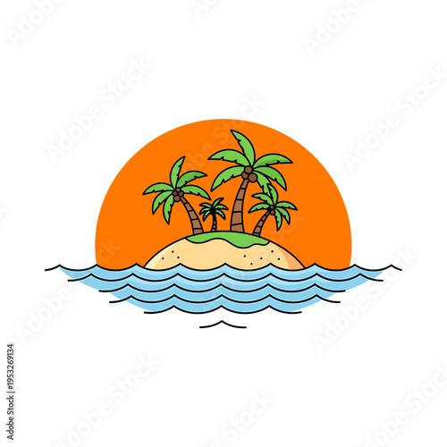 Idyllic Tropical Island Paradise with Palm Trees Under a Setting Sun Over Wavy Ocean Waters