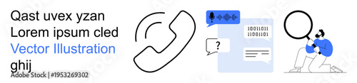 Telecommunications, digital messaging, data analysis, voice recognition, customer support, technology. Visuals of a phone symbol, voice waveform digital text magnifying glass. Telecommunications