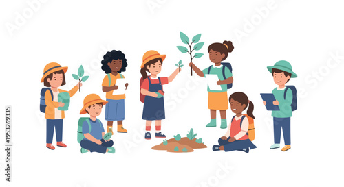 A group of diverse children wearing backpacks are engaged in an outdoor nature study activity, observing plants and taking notes together.