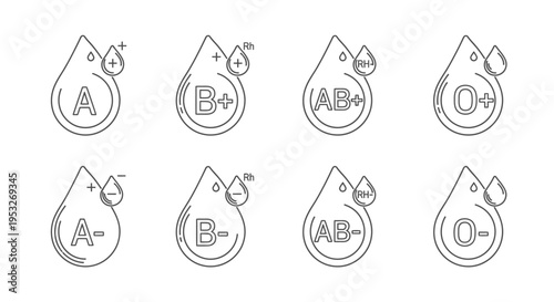 human blood type vector icons illustrating positive and negative rh factor symbols ideal for medical healthcare and educational design.