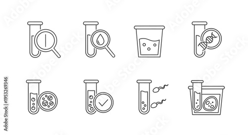 laboratory testing line icons set illustrating medical diagnostics blood dna fertility analysis and scientific research.