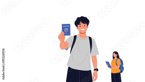 Young man holding up his blue passport while standing with a female student traveler in the background ready for an adventure abroad.