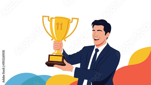 Happy businessman in a dark suit holding a golden trophy with the number eleven on it celebrating a specific achievement or anniversary.