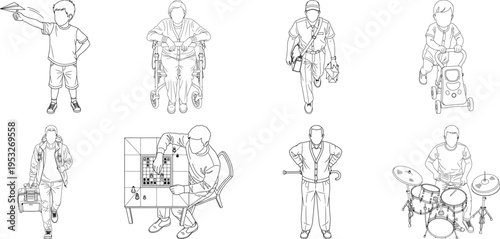 A collection of eight sketchy robot illustrations isolated on transparent background