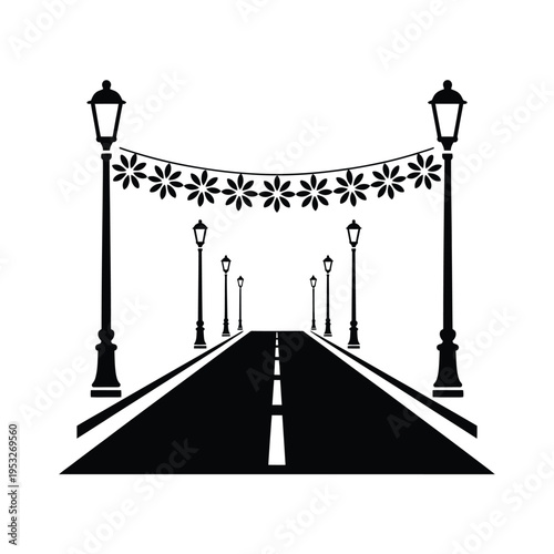 A black and white illustration of a street with lampposts and floral decorations