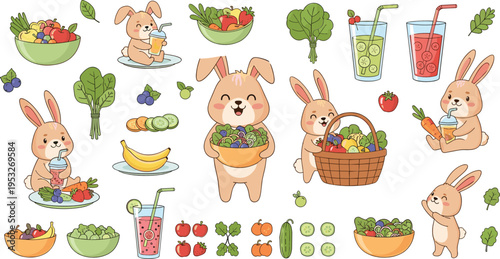 Cute rabbits healthy food illustration set with fruits vegetables smoothies salad bowls and happy bunny characters for kids design