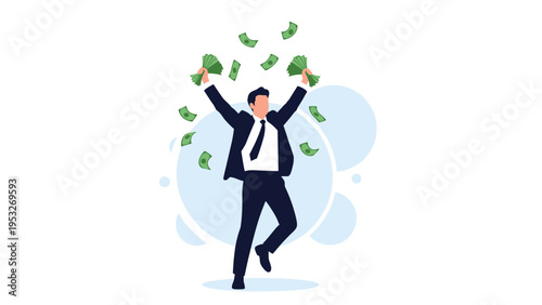 Joyful businessman jumping in the air while throwing green dollar bills around him to celebrate a large financial windfall or success.