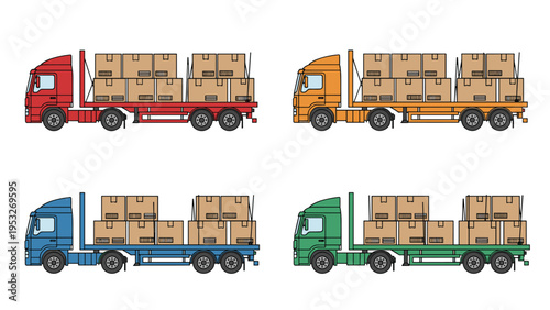 Four professional flatbed trucks in different colors loaded with cardboard boxes representing logistics transportation and cargo delivery.