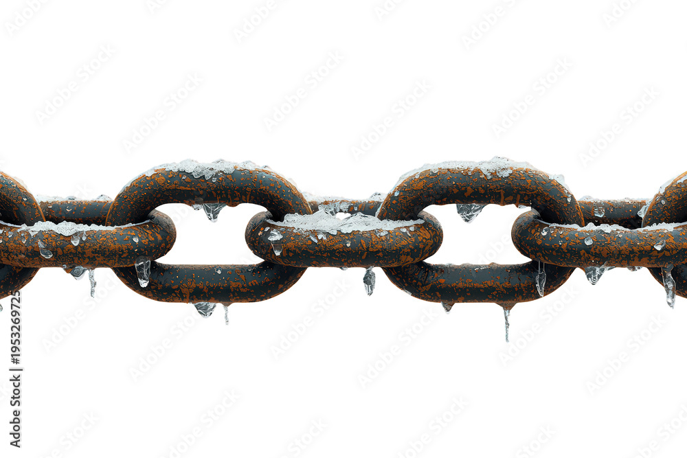 Fototapeta premium Rusty iron chain links covered with ice and freshly fallen snow, creating a cold winter texture. Transparent background