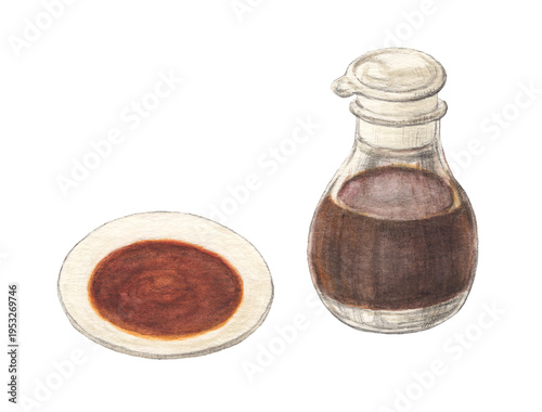 小皿に入った醤油と醤油差し　水彩色鉛筆イラスト
