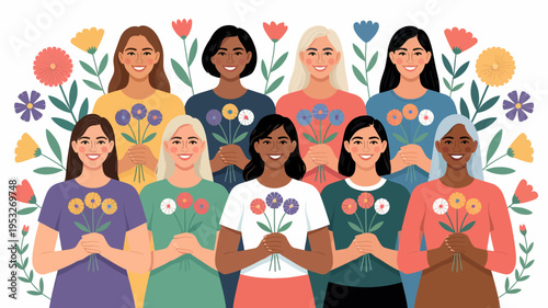 Diverse group of women with flowers celebrating community and inclusivity