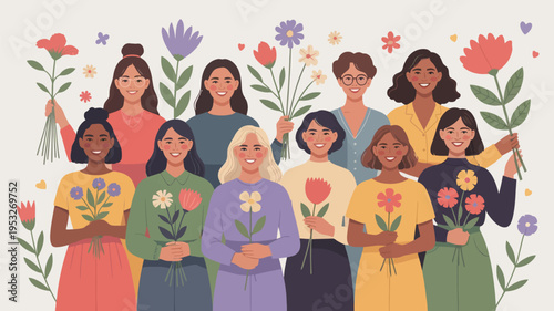A diverse group of women holding flowers celebrating femininity and springtime
