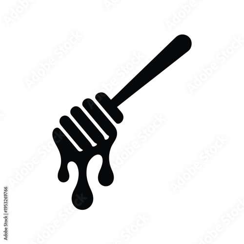 A simple black silhouette of a honey dipper dripping with honey