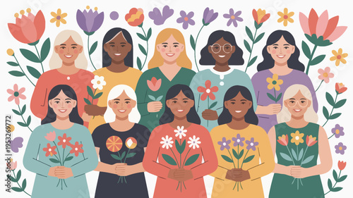 Diverse group of women surrounded by colorful flowers in a cheerful illustration