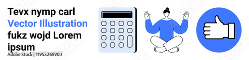 Productivity, mindfulness, approval, calculation, positivity, digital tools. Calculator, meditating person thumbs-up icon in blue. Productivity and mindfulness concepts