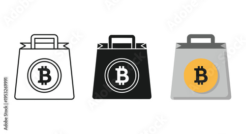 Collection of three distinct vector graphic illustrations showcasing shopping bags adorned with the universal symbol for Bitcoin cryptocurrency currency