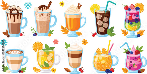 Seasonal drinks and beverages illustration set with coffee tea cocktails smoothies iced drinks fruits and cozy autumn winter themes