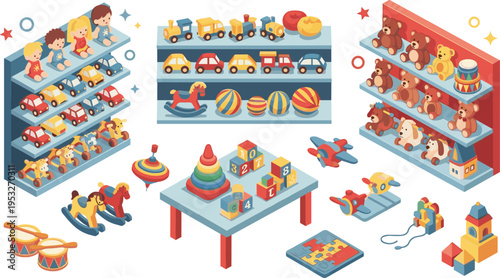 Toy store and kids playroom illustration set with shelves cars blocks stuffed animals puzzles and colorful children toys collection