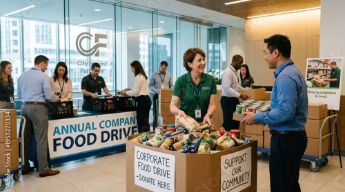 People working in a food drive, with a City Food Bank sign in the background.