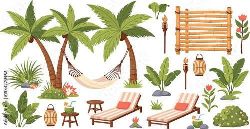 Tropical beach relaxation illustration set with palm trees hammock sun loungers bamboo decor plants and summer resort elements collection