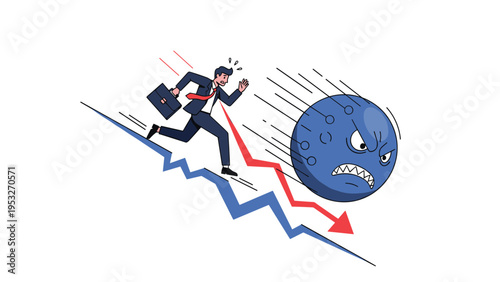 Worried businessman in a suit running away from a large angry monster ball while descending on a crashing market graph.