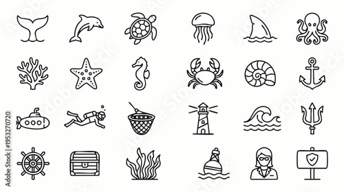 Collection of black and white nautical icons illustrating marine life with various sea creatures and maritime elements