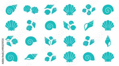 Collection of blue seashell icons arranged in rows on a white background