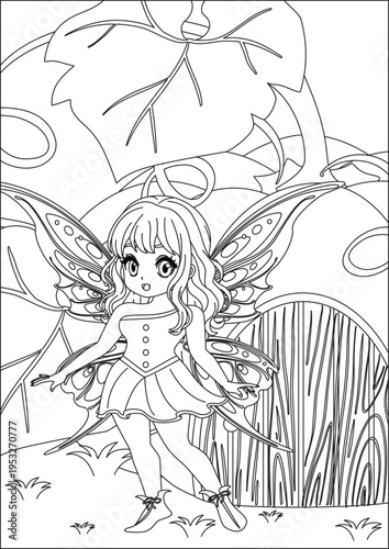 Little Fairy Fantasy Coloring Page Black Line Art Angle with Wings Creative Color Worksheet Vector