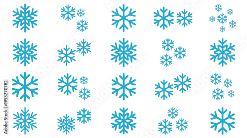 Collection of Diverse Blue Snowflake Designs Arranged in Rows on White Background