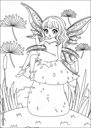 Fairy Coloring Sheet Printable Fairyland Fantasy Art White Background Stress Relief Worksheet Vector