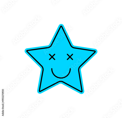 Funky blue happy star sticker emoji cartoon defines y2k retro patch style. Cute eyes and smile create a vivid, pop graphic for positive, trendy, fun moods. Cool design suits youthful character