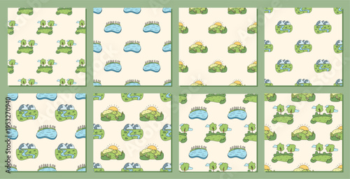 Seamless camp pattern with map, river, tree and mountain elements in doodle style set. Hand drawn forest and lake set in soft color for outdoor nature themes, travel backgrounds or adventure