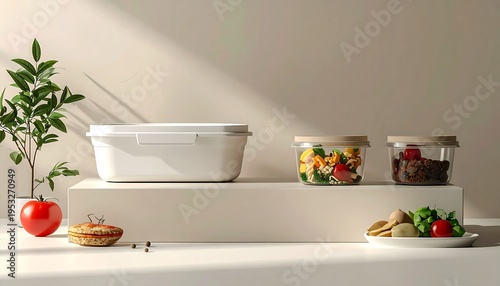 A still life of prepared food in containers and a plant against a neutral backdrop, showcasing health and freshness