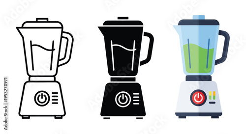 Vector graphic illustration of a modern kitchen blender with diverse visual styles including outline, solid silhouette, and vibrant colorful flat design, perfect for healthy cooking concepts.