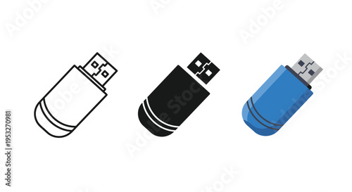 Collection of vector graphic illustrations presenting diverse USB flash drive designs, featuring an outline, a solid black, and a vibrant blue flat style for data storage.